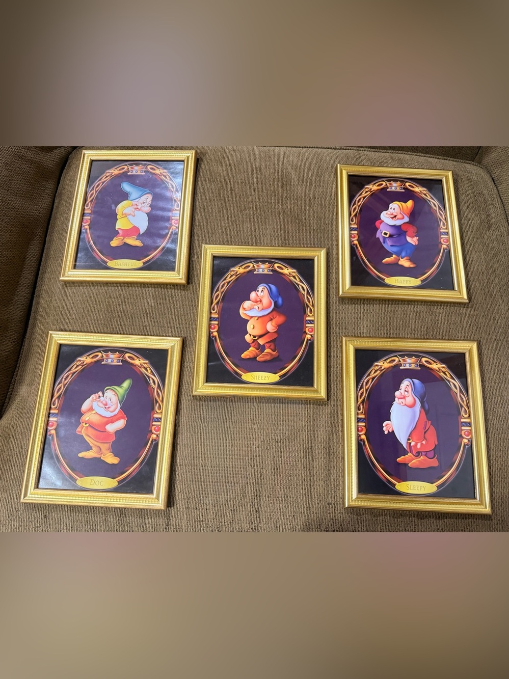 Disney Gold Framed Snow White Dwarf Portrait Prints Colorful Characters set of 5